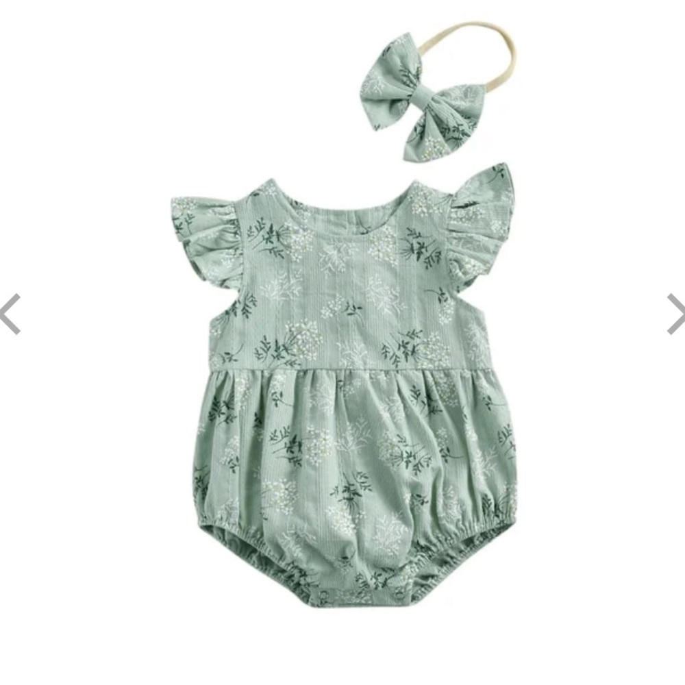 Sage green Floral Baby Romper & Bow Headband
